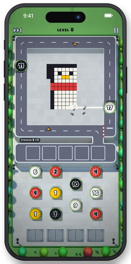 Pixel Shuttle auf dem iPhone: Autos fahren ihre Runde und zerlegen ein Pixelbild